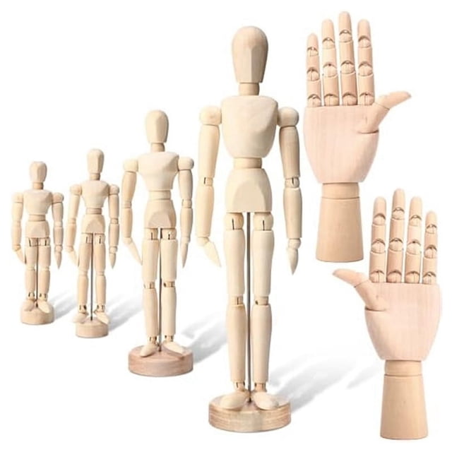 6Pack Artist Wooden Mannequin,4.5/5.5/8/12Inch Drawing Figure Model Wooden Hand Model 7Inch Left and Right Hand Model