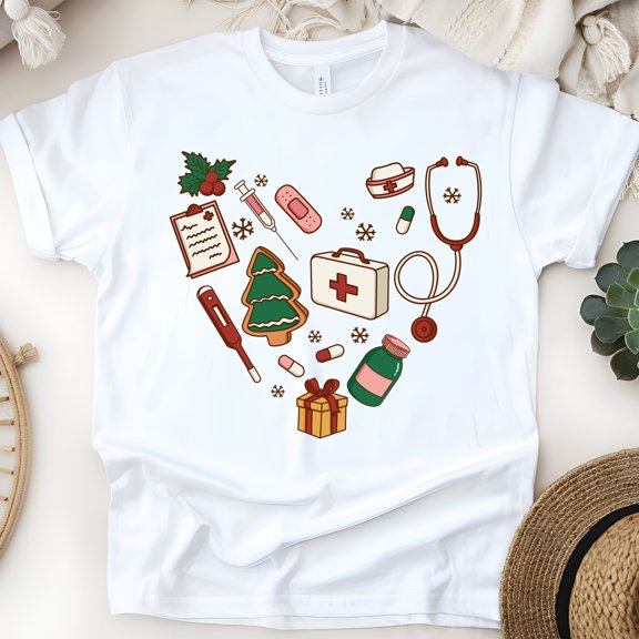 Nurse Heart Medical Icons Graphic T-Shirt for Men and Women, Unisex Casual Tee, White, Size S