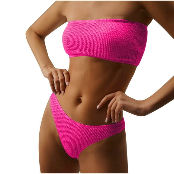 WREESH Womens Two Piece Swimsuit Bandeau Bikini Sets High Cut Bikini Fashion Wrinkle Cloth Bra Stripe Bikini Swimsuit Beach Bathing Suit Hot Pink