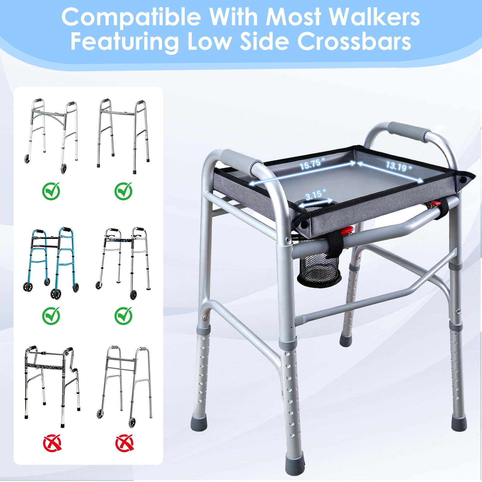 Walker Tray for Folding Walker - Trays for Walkers for Seniors with Cup Holders & Non-Slip & Multiple Front Pockets, Walkers Accessories Basket and Bag Tray for Elderly, Easy Assembly