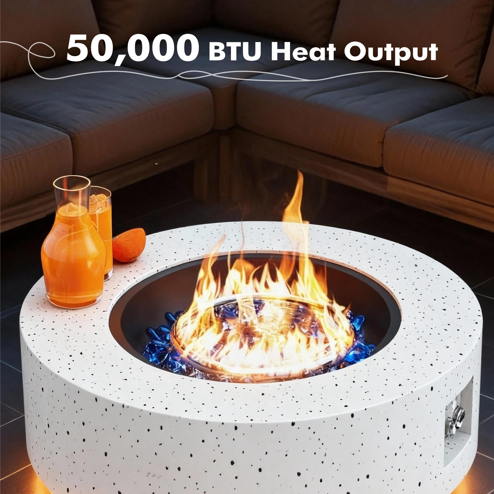 Vornel 30" Round Iron Fire Pit, 50000 BTU with LED Light & Lid, for Home & Camping（White/ Golden Light）