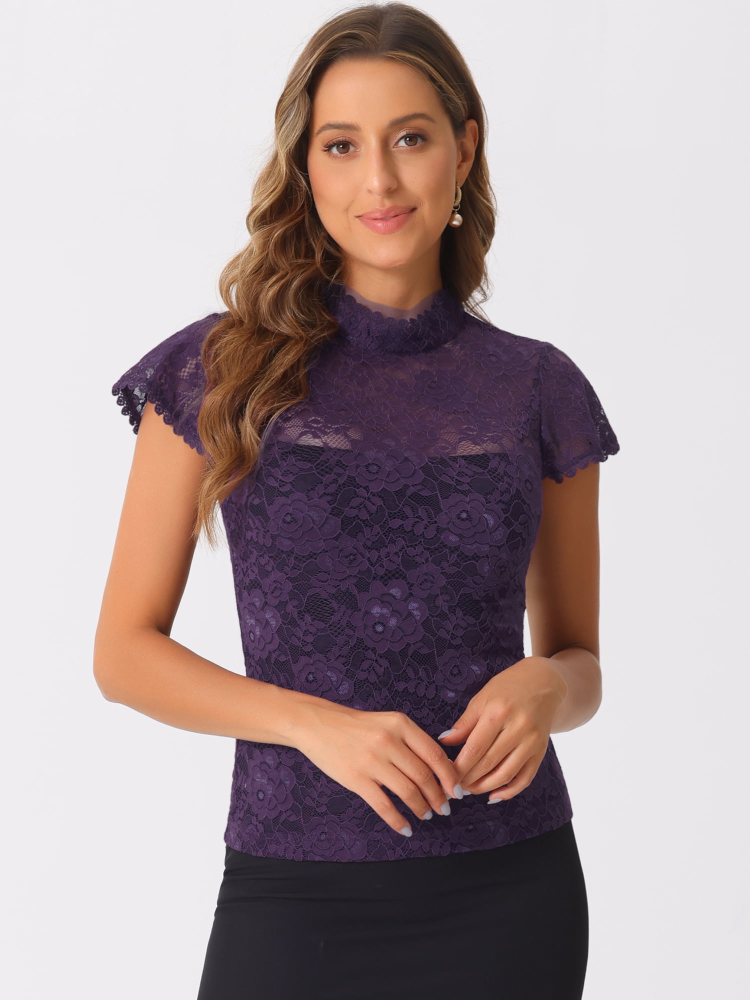 DARING DIVA Lace Keyhole Back Fitted Semi Sheer Top XL Purple
