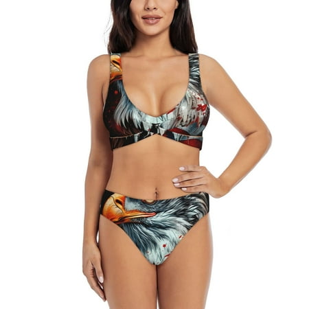 Zeuib USA Bald Eagle High Waisted Tummy Control Bikini Set - Knot Front Push Up Top & Cheeky Thong Bottom  Two-Piece Swimsuit for Women-XX-Large
