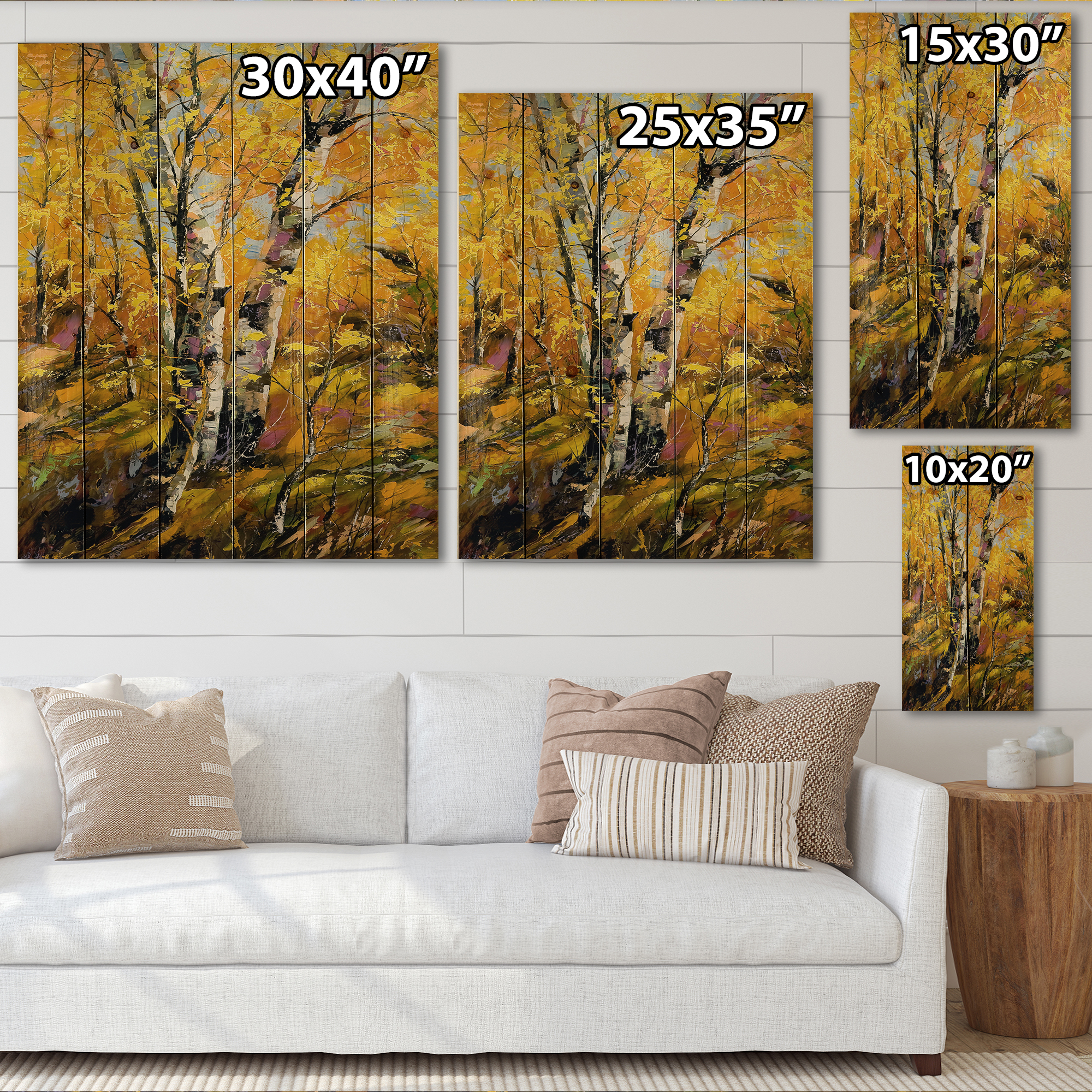 Designart 'Birches In Yellow Autumn Wood Forest' Country Print on Natural Pine Wood