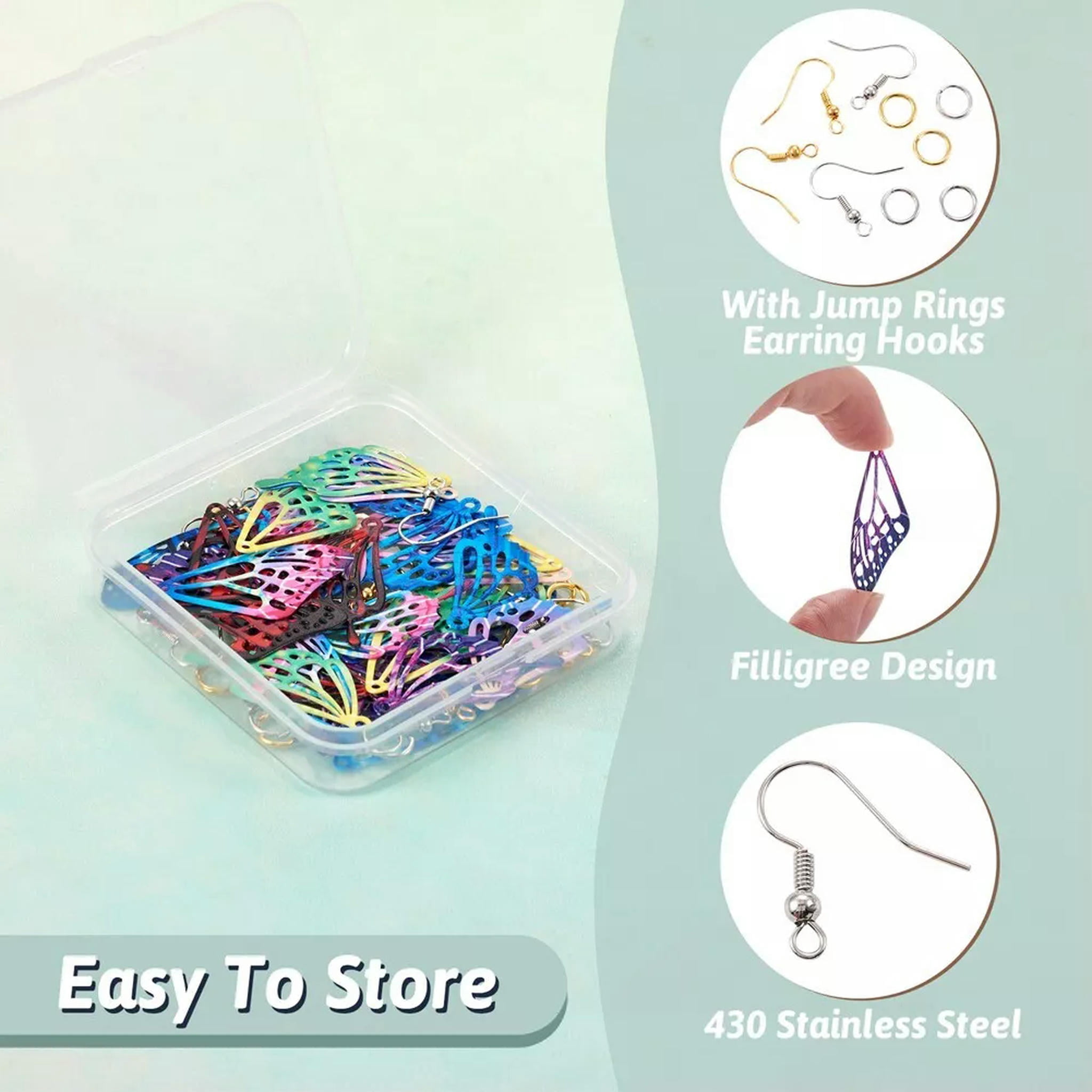 U8MO 1 Box Stainless Steel Pendants Filigree Butterfly Wing Dangle Earring Making Kit