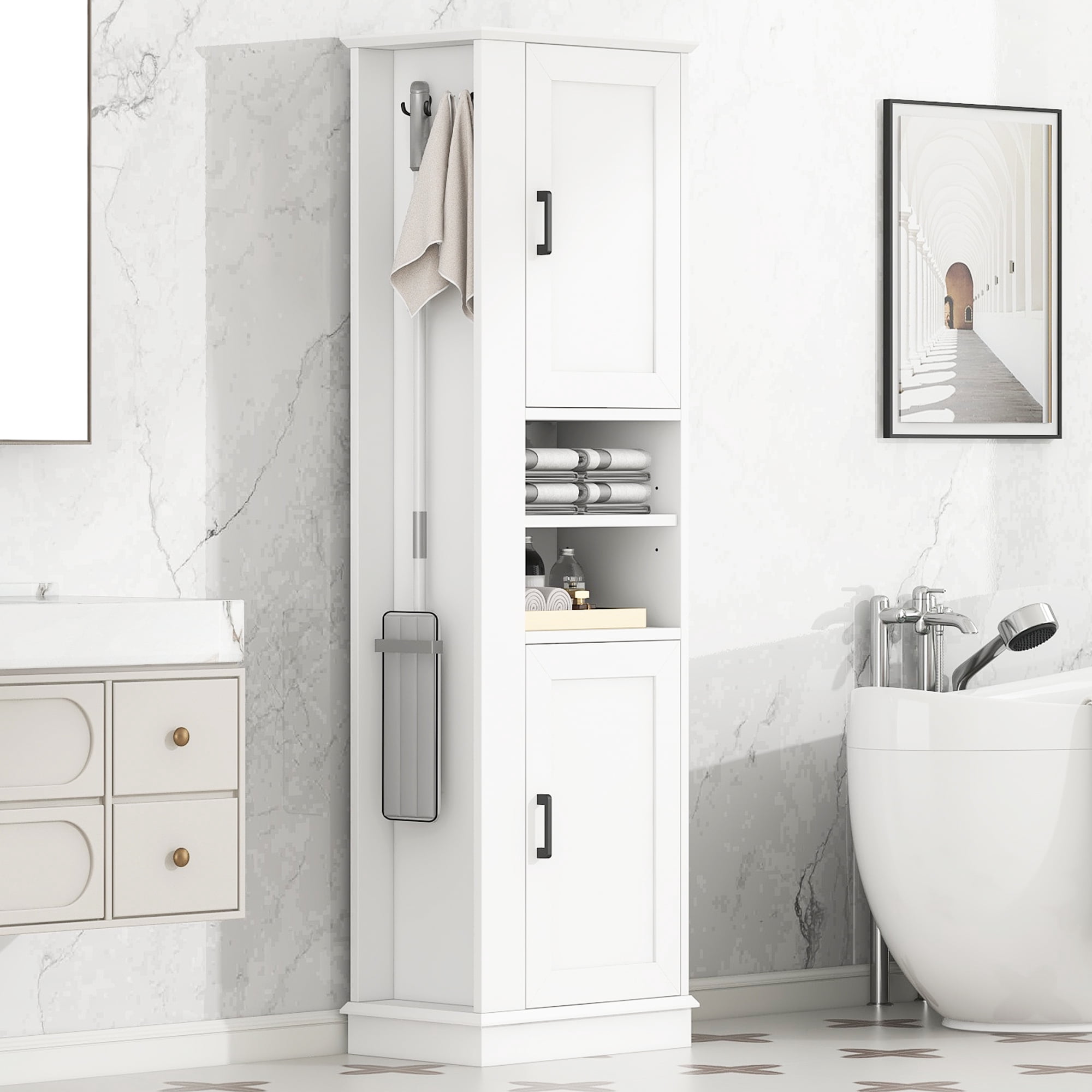 HOQBN 69"H Tall Bathroom Storage Cabinet,Freestanding Storage Cabinet with Hook & Adjustable Shelf for Bathroom, Living Room, White