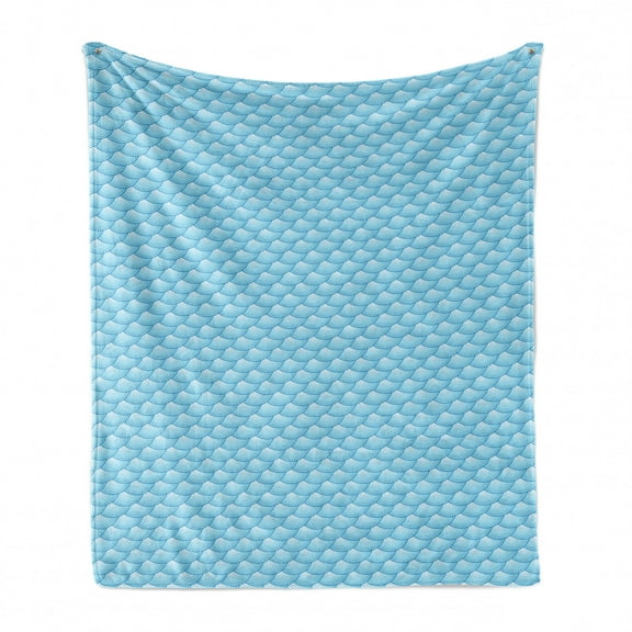 Fish Scale Soft Flannel Fleece Throw Blanket, Retro Style Diagonal Pattern with Curves and Blue Tone Ombre Shades, Cozy Plush for Indoor and Outdoor Use, 50" x 70", Pale Blue and White, by Ambesonne