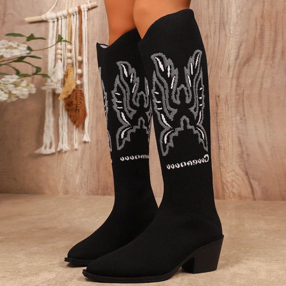 Embroidered Long Tube Flying Weaver Girl Big Size Thick Heel Denim Boots Retro Ethnic Elastic Boots