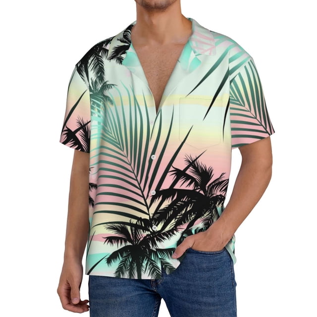 Balery Tropical Summer Palm Camisa Casual de Manga Corta con Botones para Hombre, Texturizada, Estilo Cubano, para Playa, Verano-Small