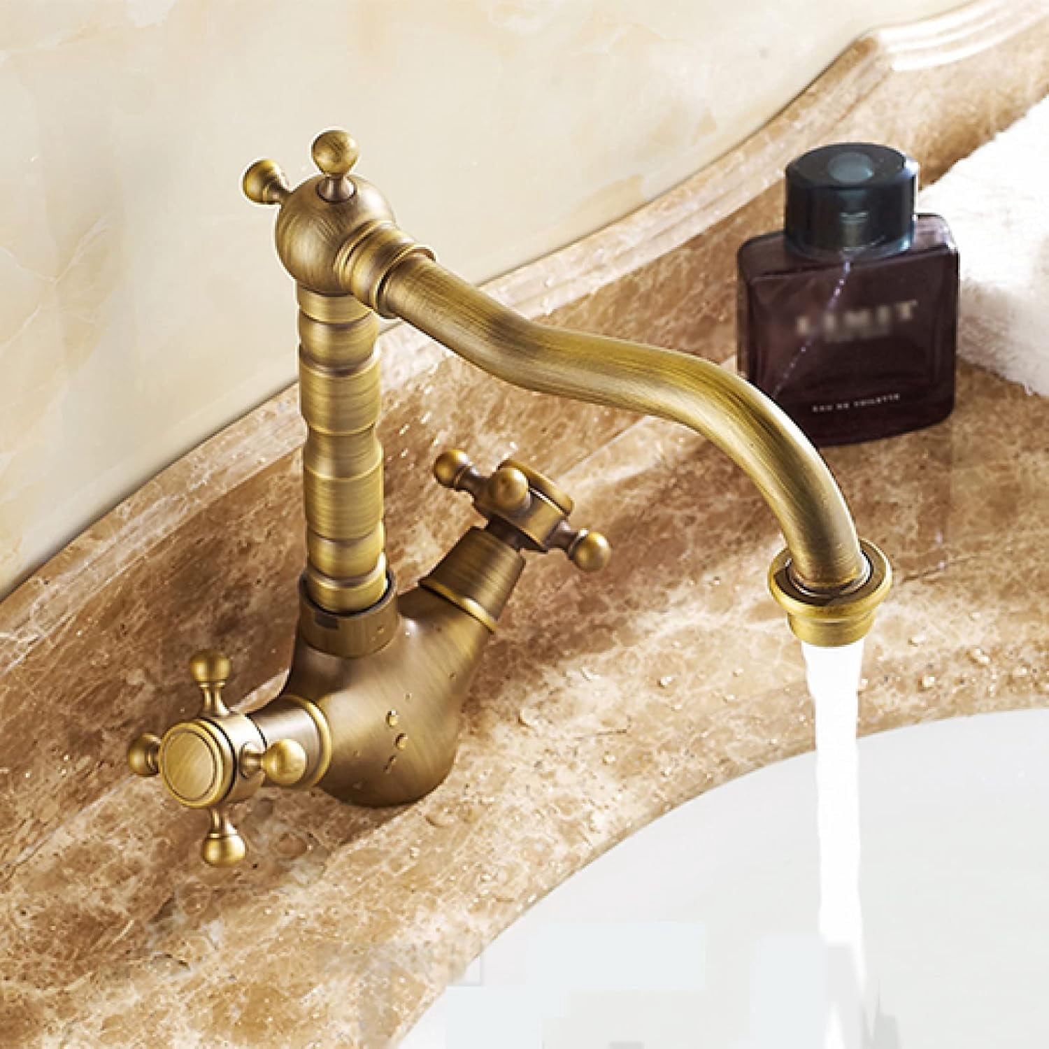 Vintage Sink Faucet Bathroom,360 Degree Swivel Spout Bathroom Sink Faucet, Cold Hot Mixer Vintage Vanity Tap, Double Cross Handle Mixer Bathroom Sink Tap, Gold