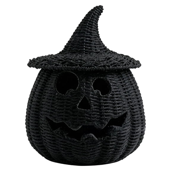 Xinyat Halloween Decorations, Jack-O-Lantern Pumpkin Decor, Woven Rattan Halloween Pumpkin with Witch Hat for Porch Entryway Mantel, Black