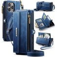 thumbnail image 1 of Funda tipo cartera para iPhone 16 Pro Max, de piel sintética con bloqueo RFID, con función atril, correa para la muñeca, cremallera, ranura para tarjetas de crédito, para hombre y mujer, 1 of 10