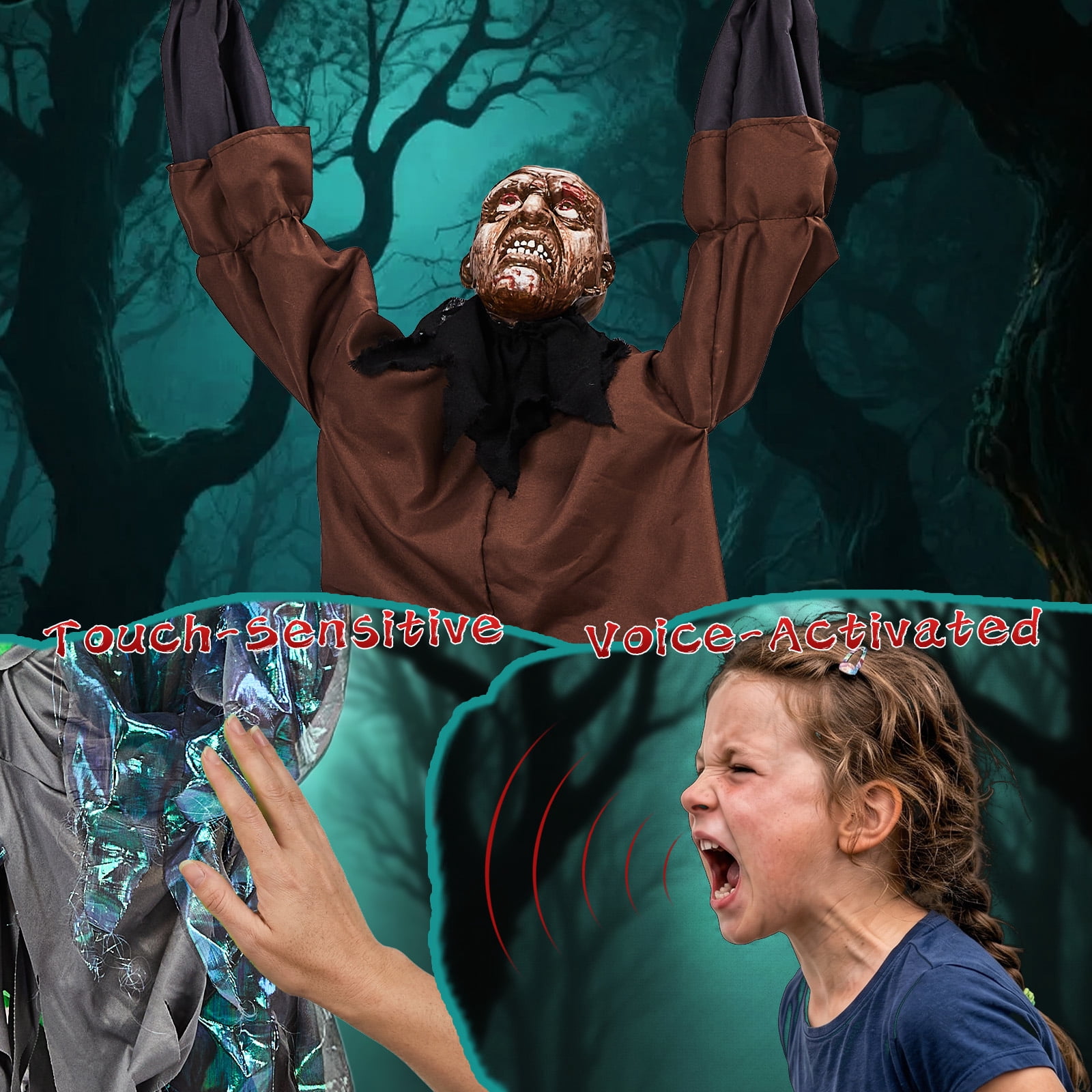 Astoutdoor 5 ft Halloween Wall-Climbing Ghost Hanging Decoration with Sound-Activated Moving Legs, Roaring and Laughing Sound Effects, Battery Operated