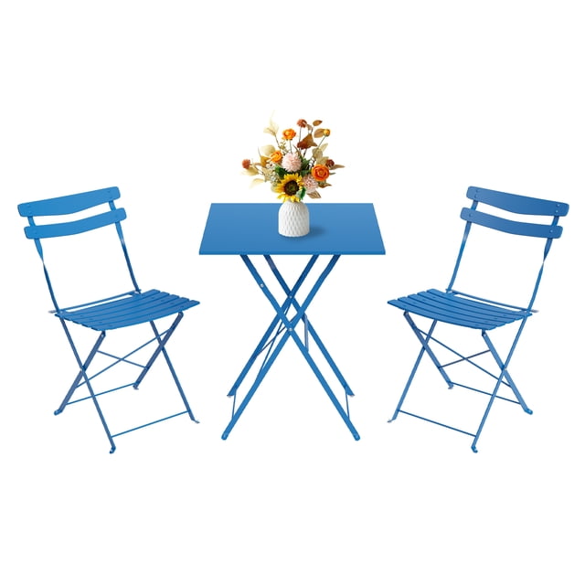 Space-Saving 3-Piece Patio Bistro Set – Collapsible Weather-Resistant Metal Table & 2 Chairs – Easy Storage – Blue (Old Model), Color: Old Blue