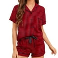 thumbnail image 2 of VEKDONE Women Pajamas Set 2 Pc Trendy Lapel Plaid Bride Pajamas Short Sleeve Sleepwear Drawstring Shorts Button Down Lounge Sets Nightwear Soft Pjs with Pockets Red L, 2 of 5