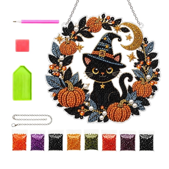 DIY Halloween Witch Hat Black Cat Pumpkin Wreath Diamond Painting Suncatcher Hanging Ornament Kit, Pearl Round Acrylic Sun Catcher, Diamond Art Decor for Fall Window Front Door Holiday Gift