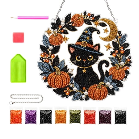Halloween Diamond Painting Wreath Hanging Ornament Black Cat Pumpkin Moon Floral Garland Window Door Wall Decor Fall Harvest DIY Craft Kit Home Seasonal Supply