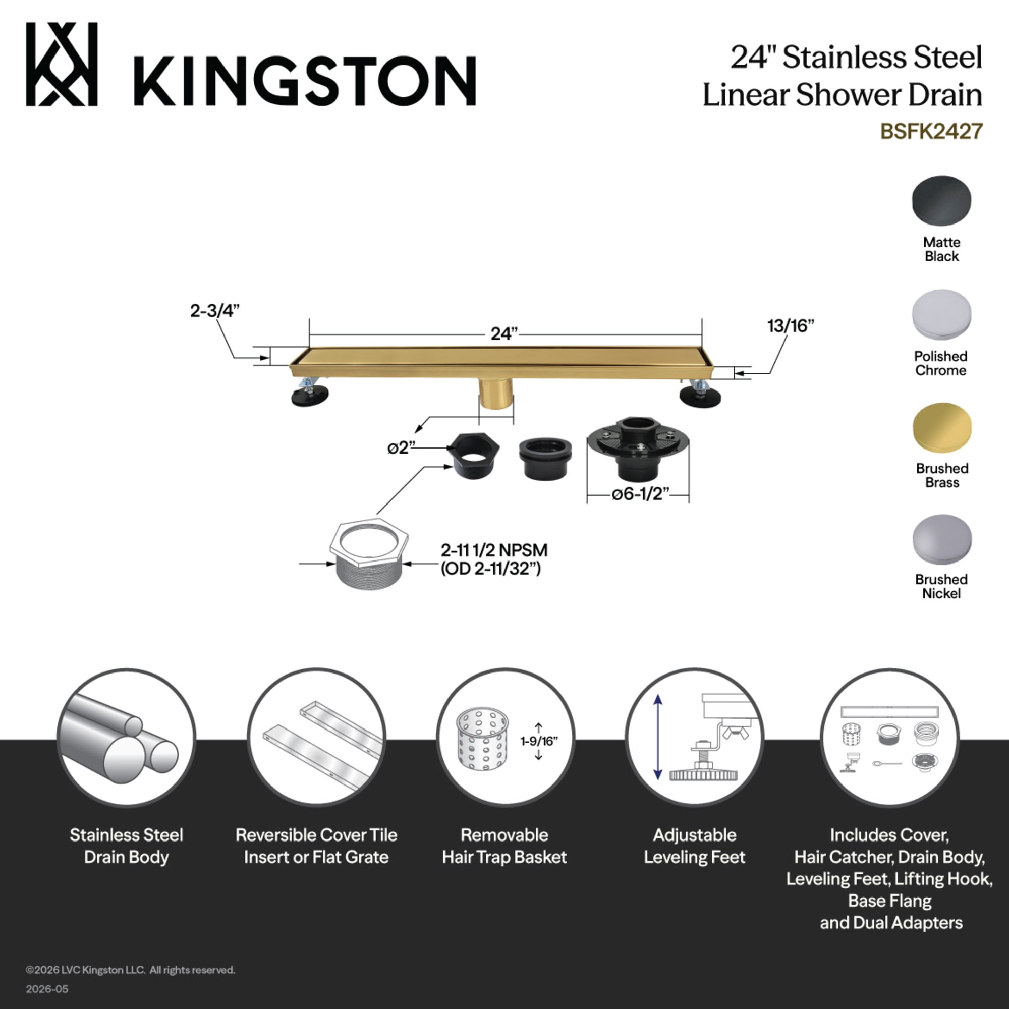 Kingston BSFK2421 Watercourse 24-Inch Stainless Steel Linear Shower Drain with Reversible Tile Insert and Flat Grate, Drain with Base Flange and Hair Strainer in Polished Chrome