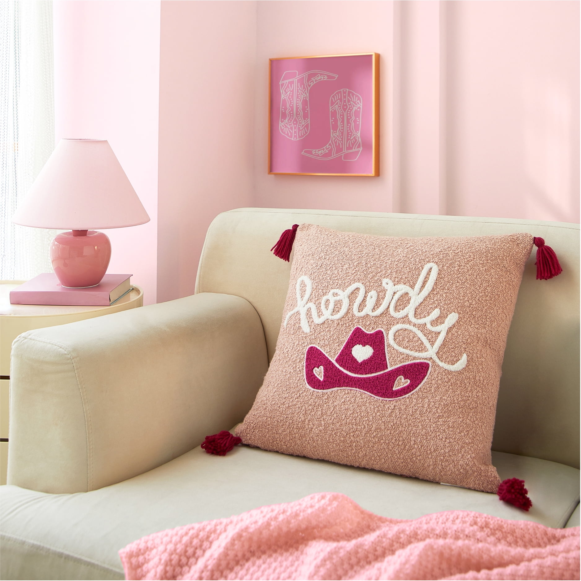Mainstays 'Howdy' Pink Tasseled Decorative Pillow, 16.5" L x 16" W