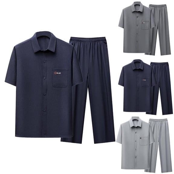 Men's Summer Casual Short Sleeve Turndown Collar Shirt Tops Set Regular Fit Loose Outfits for Beach Vacation Golf Travel Streetwear Modern Fashion Essential | AESTIVO,Dark Gray L