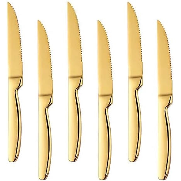 Stainless Steel Serrated Steak Knife Set of 6, BuyGo Gold Color Heavy Duty Dinner Table Knives for Cutting Meat, Beef, 8.6 Inch, Dishwasher Safe