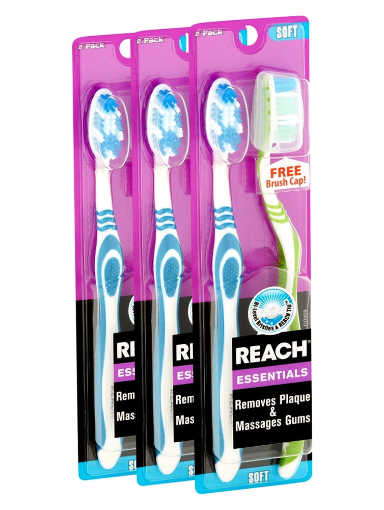 3 Pack Reach Oral Care Essentials Toothbrush, Soft, With Brush Cap, 2