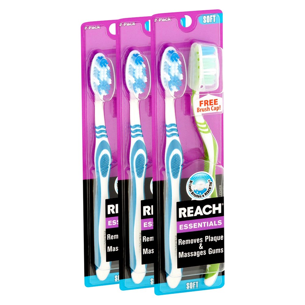 3 Pack Reach Oral Care Essentials Toothbrush, Soft, With Brush Cap, 2 Pack