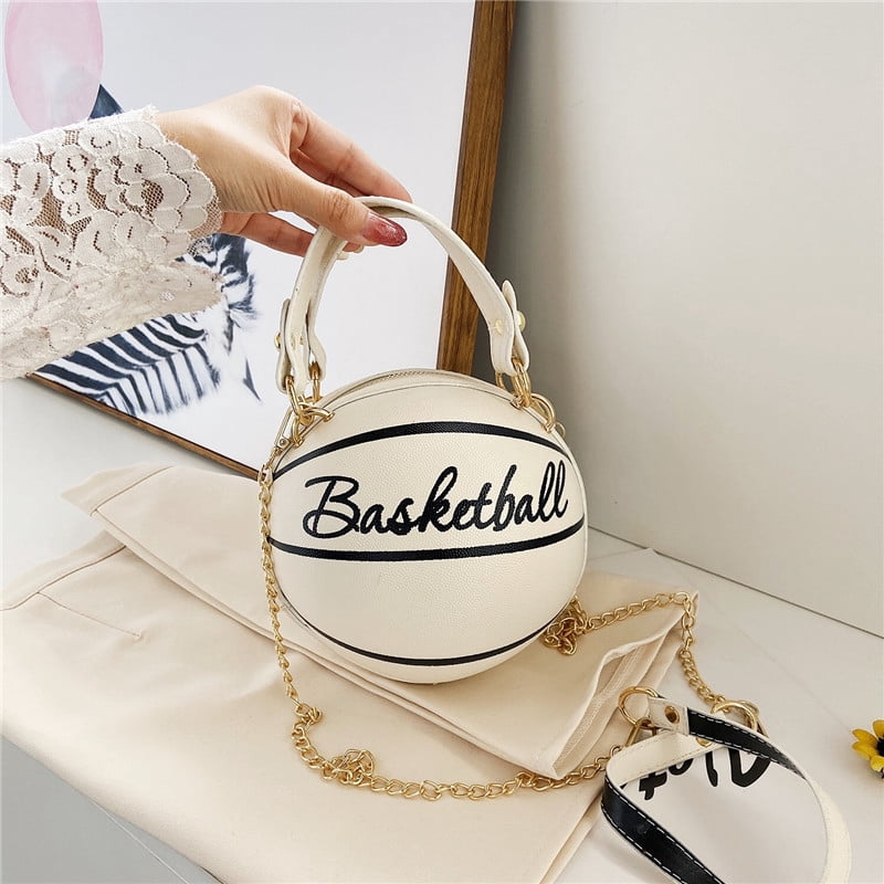 Novelty Sports Ball Shaped PU Crossbody Bag for Women, Personality Soccer & Basketball Design, Round Mini Bag, Zipper Closure, Chain Strap, Trendy Handbag for Casual Travel (6.3"x6.3"x6.7", 0.55lb)