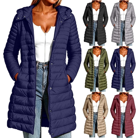 BXJX Womens Mid-Length Puffer Jackets, Full Zip Side Pockets Long Sleeve Warm Winter Outerwear with Hood Navy Size S-2XL