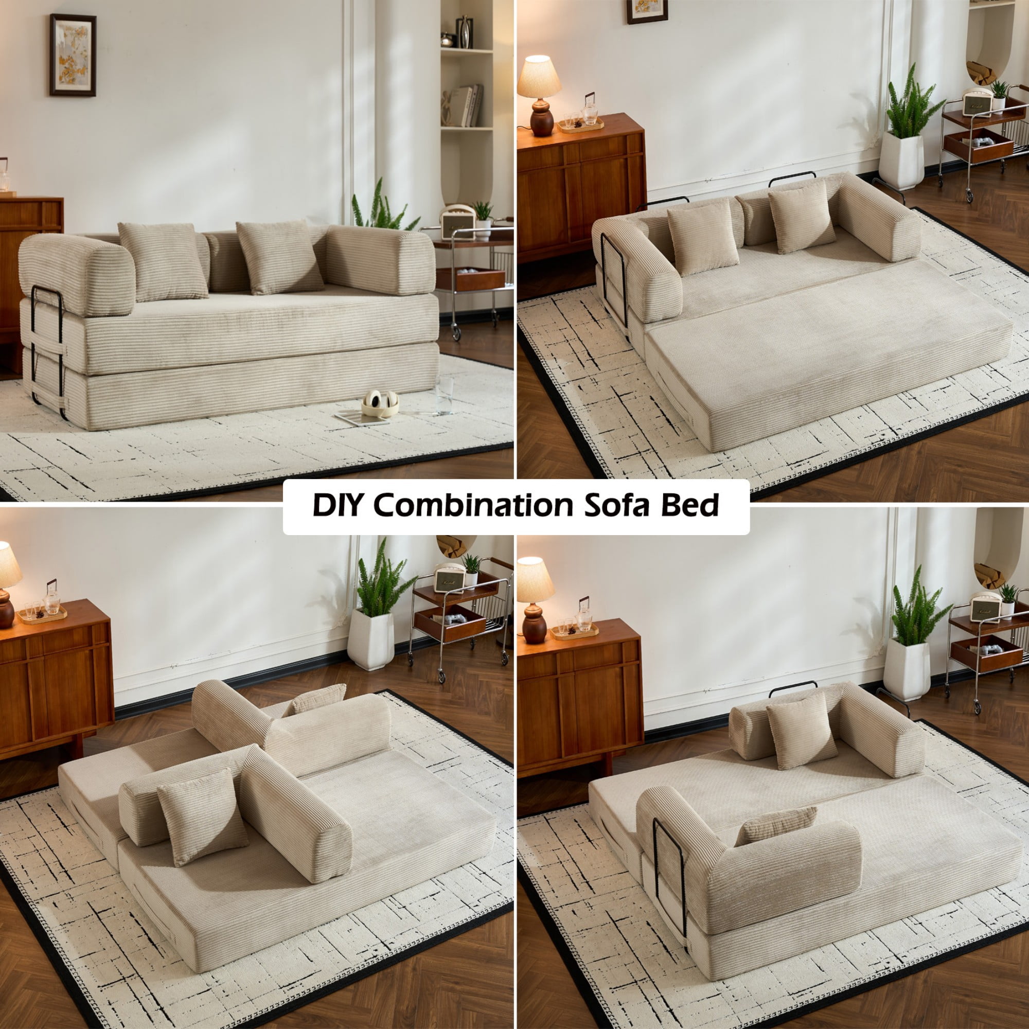 BSHTI 77" Corduroy Convertible Sleeper Sofa Bed with Cylindrical Pillow, No Assembly, Small Space for Living Room（Beige）
