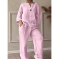 thumbnail image 3 of Womens Cotton Linen 2 Piece Sets V Neck Button Down Long Sleeve Shirt Wide Leg Trouser Sets with Pockets Pink M, 3 of 5