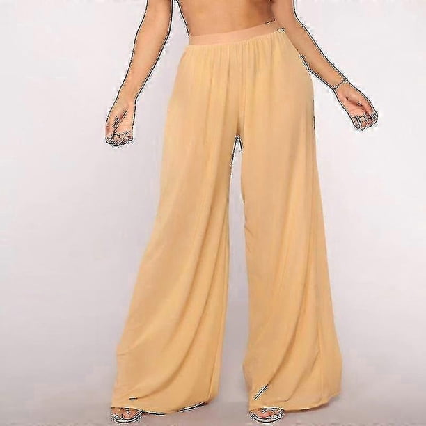 Boho High Waist Wide Leg Mesh Trousers for Women Beachwear Sheer Long Pants