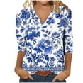thumbnail image 6 of CYMMPU Floral Printed 3/4 Length Sleeve Summer Fall Vintage Shirts Basic Tees Business Work Blouses V-Neck Plus Size Tunic Tops 2025 Clothes for Women Blue M, 6 of 8