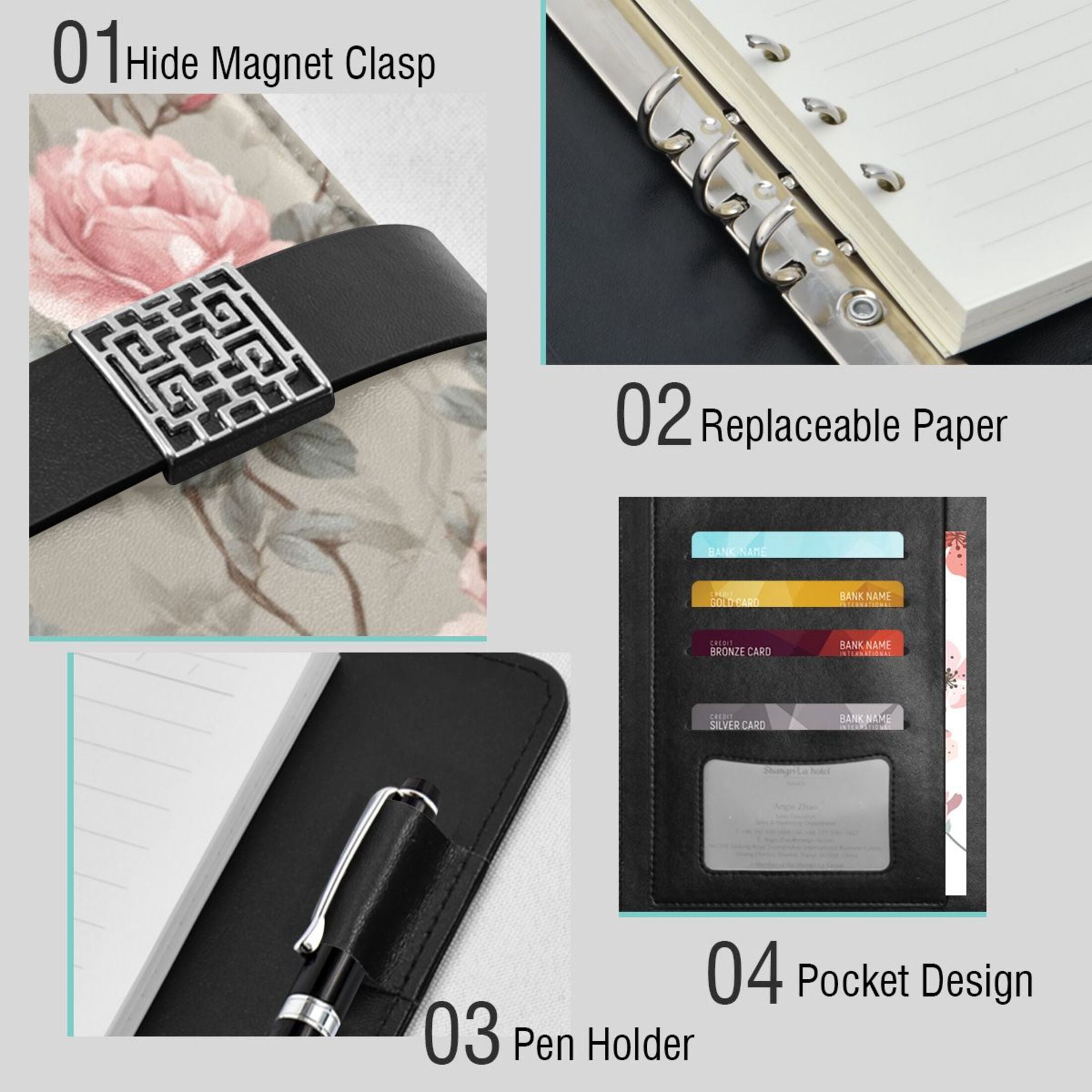 Leather Planner Leather Notebook Notebook Journal Binder Design Pen Pocket Design Convenient for Storage Pale Pink Rose Pattern Art