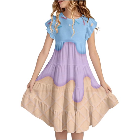 Girl Casual Dress , Easter Dresses Girls,Girls Summer Casual Dress With Ice Print Flowy Sleeveless Design For Play Party And Outdoor Activities