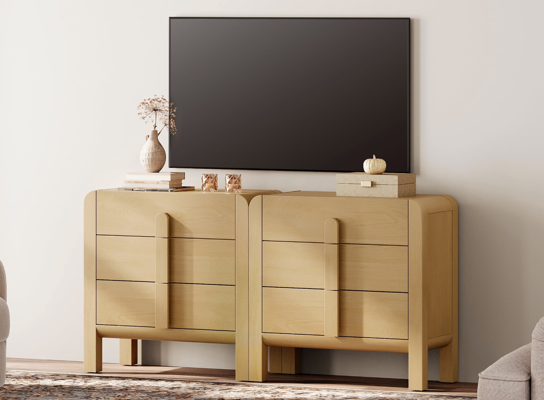 3 Drawer Curved Dresser for Bedroom Set of 2, Mid Century Modern Chest of Drawers, Wood Storage Dresser Organizer for Bedroom Living Room Hallway Closet
