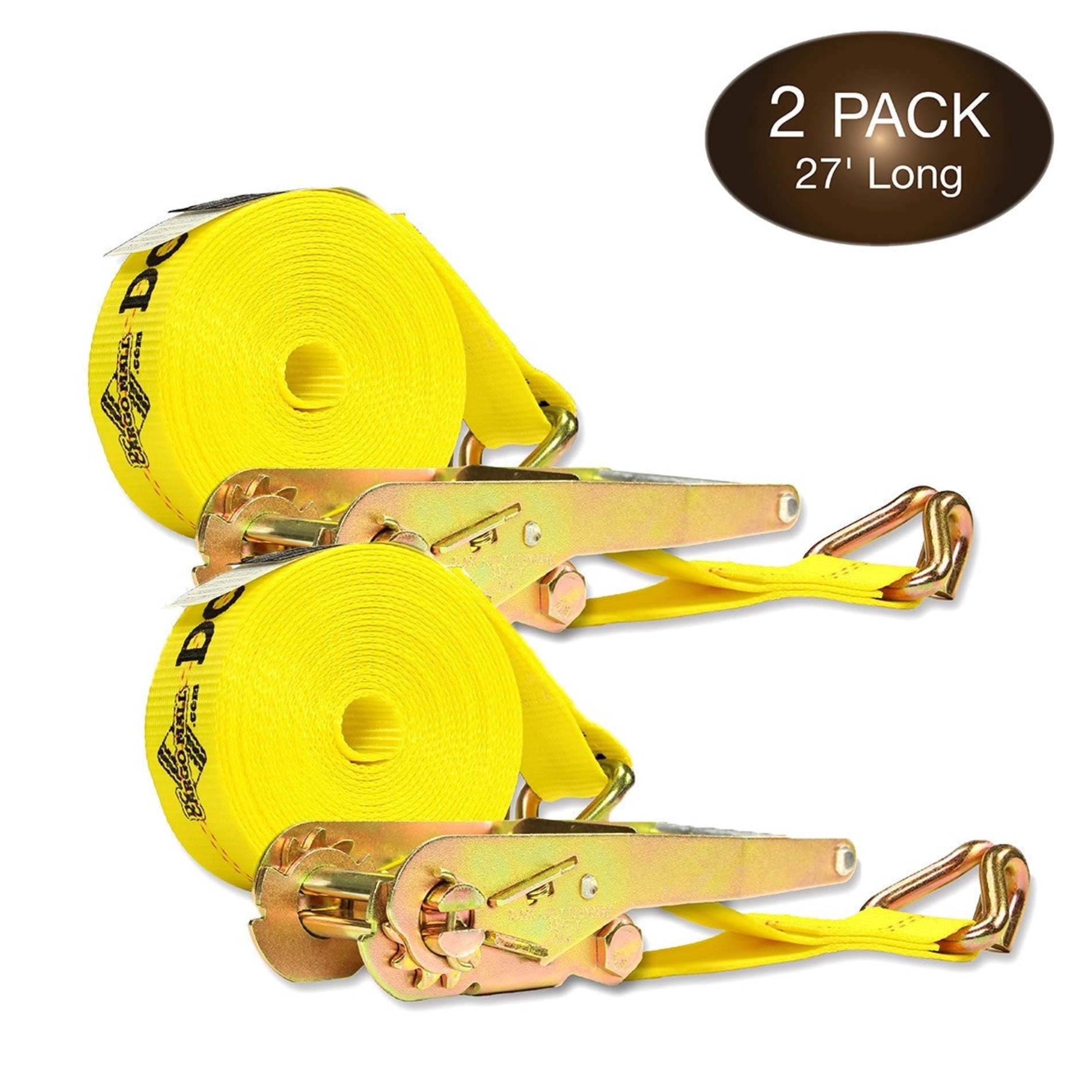 "2 Tie-Down Ratchet Straps with J Hooks, 2 Heavy Duty 2"" x 27' Tie-Down Ratcheting Cargo Truck Straps with Wire Hook Ends, J-Hook Ratchet Strap TieDowns"