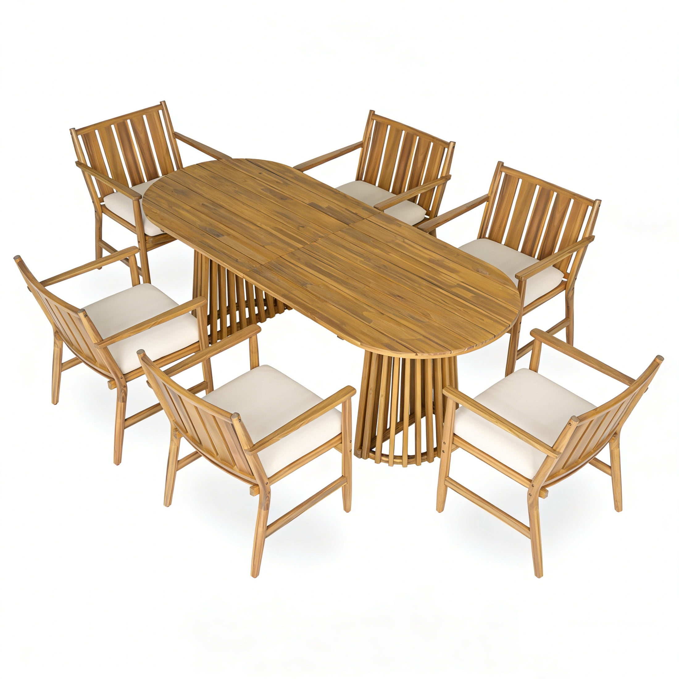 Christopher Knight Home 7-Piece Coastal Outdoor Dining Set with Oval Table and Armchairs, Teak+Beige