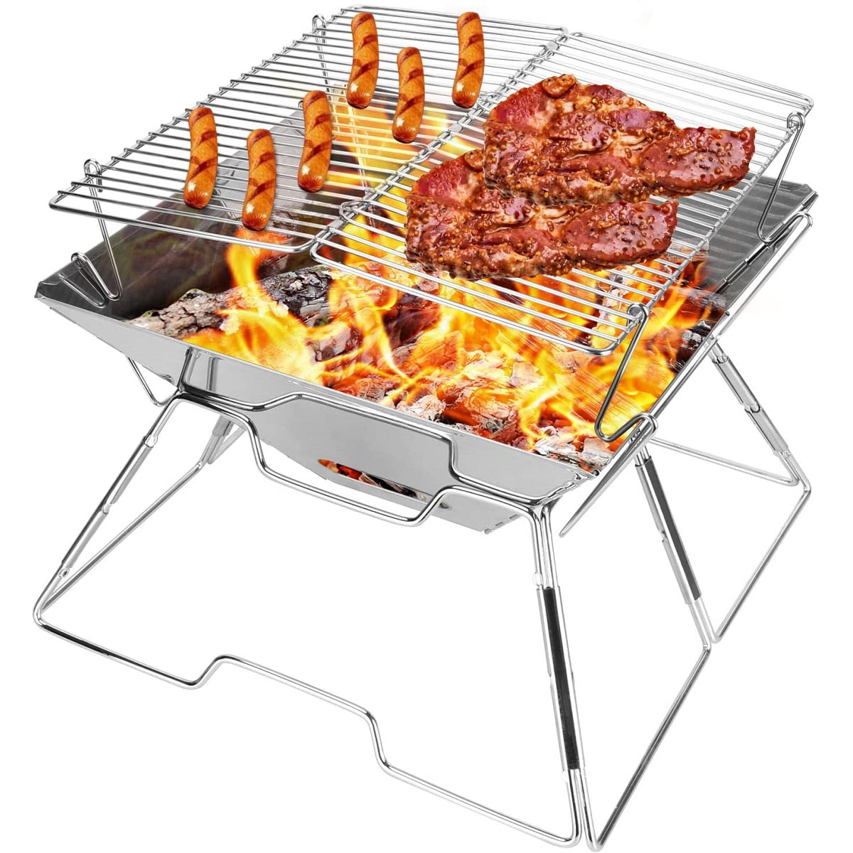 Silver Large Mesh REDCAMP Folding Campfire Grill 304 Stainless Steel Grate Heavy Duty Portable Camping Grill with Legs Carrying Bag