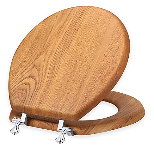 Solid Wood Toilet Seat Oak Round Wooden Finish Chrome Hinges Natural Cabin 