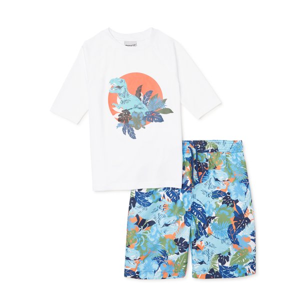 SWIMFIX Boys Short Sleeve Rash Guard and Swim Trunks, 2Piece Swim Set