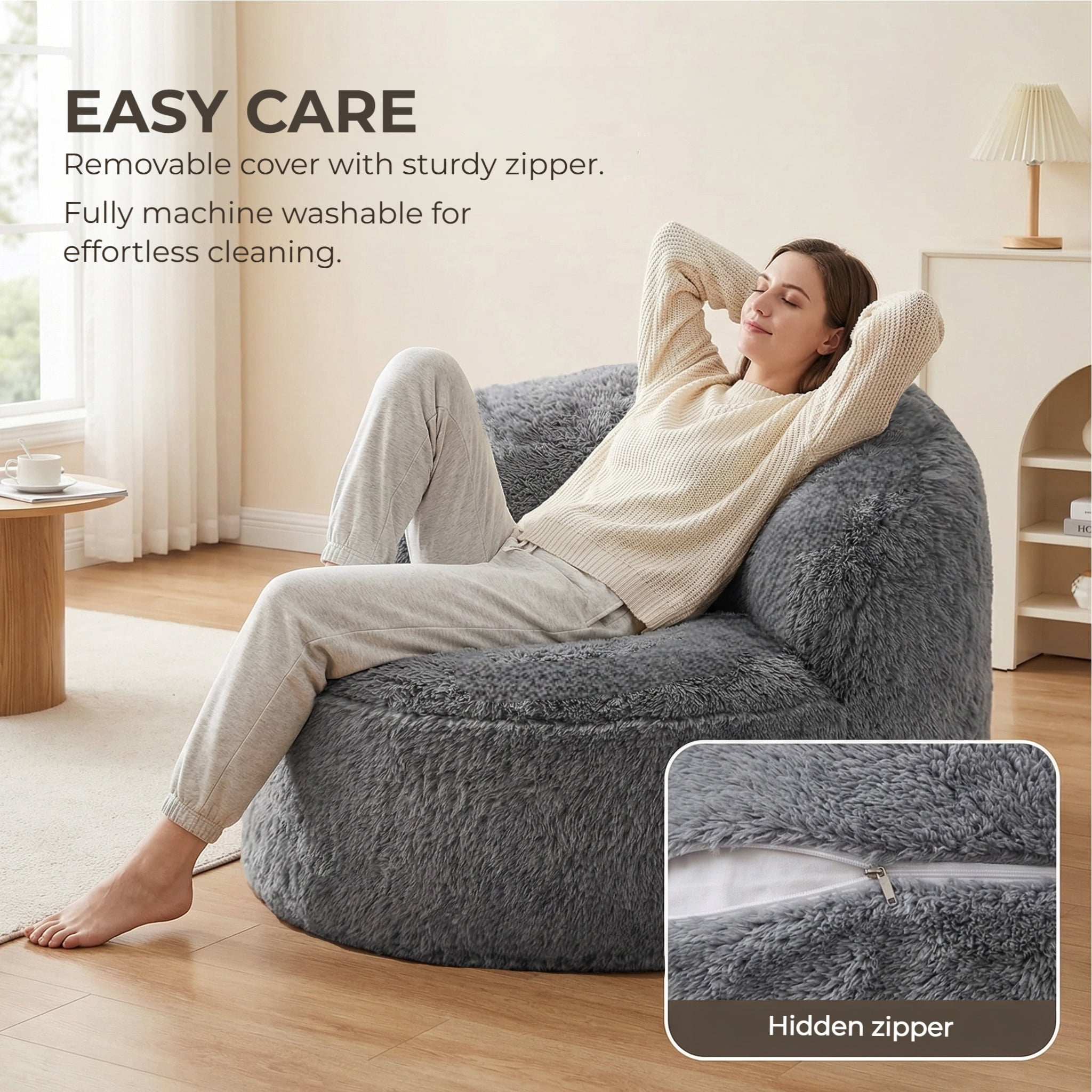 Fulsmile Bean Bag Chair Large Plush Chairs for Adults Giant Beanbag Chair Bean Bag Sofa with Stuffed Memory Foam Oversized Bean Lounger Chair for Reading Gaming Relaxing, Grey