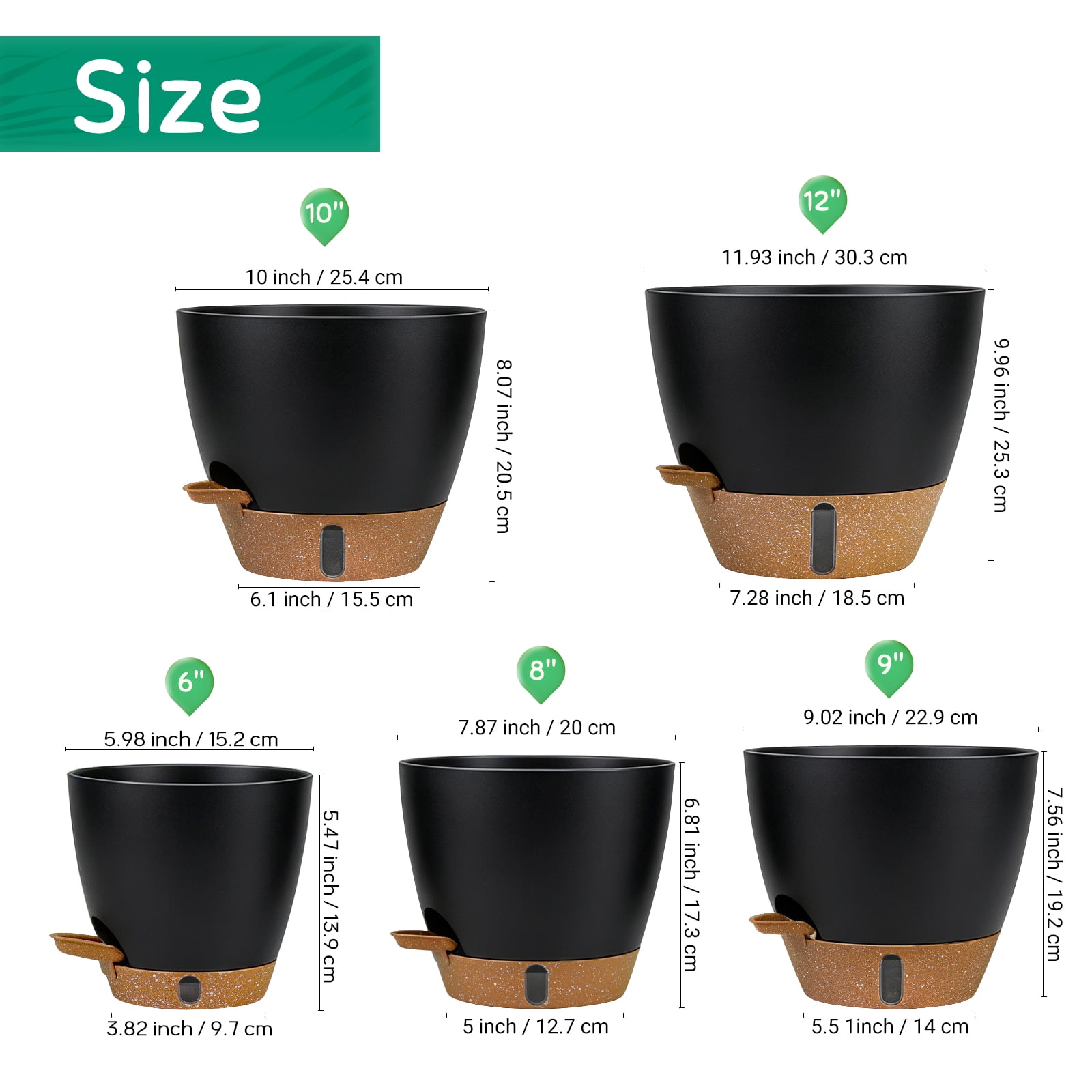 FIASON 5 Pack Plastic 6/8/9/10/12 Inch Black with Brown Self Watering Plant Pots,Include Watering Lip, Drainage Holes & Removable Saucer for Indoor Outdoor Garden House Plants