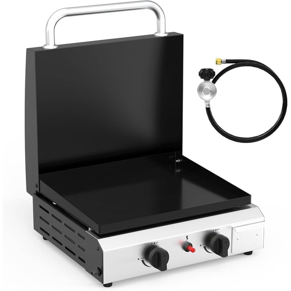 2-Burner Portable Propane Griddle with Lid, 20000 BTU Tabletop Flat Gas Grill with Oil Collector for Outdoor Cooking, Camping, Backyard BBQ