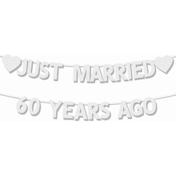 Silver Glitter Anniversary Banner Sparkle "Just Married 60 Years Ago" Banner for 60th Wedding Blessed & Loved Decorations Supplies