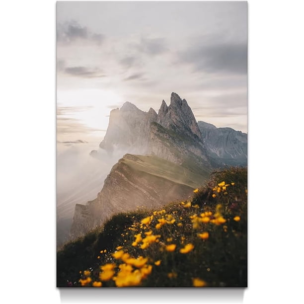 Arte mural de paisaje con montañas, lago y atardecer. Cuadro con amanecer y pastizal, ideal para decorar dormitorios, escaleras y todo el hogar.