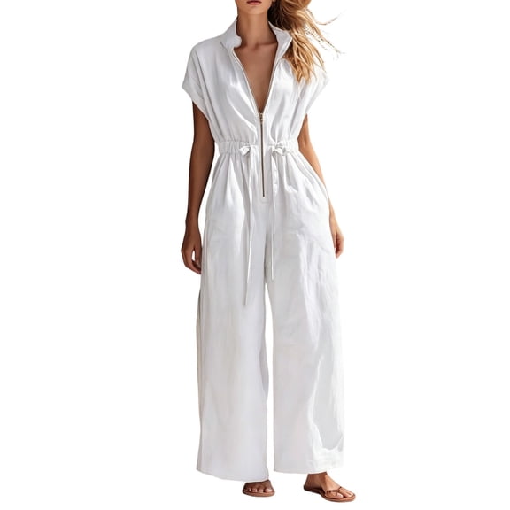 Women's Resort Jumpsuit, Casual Loose Wide Leg With Zip-Up Front & Stand Collar, Short Sleeve Vacation One-Piece With Belt White XL