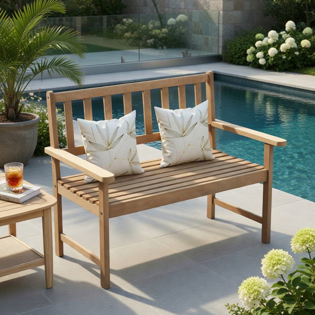 Hommoo Indonesia Teak Wood Outdoor Garden Bench for 2, Rustic Patio & Backyard Seating with Backrest, Armrests & Slatted Design, Natural