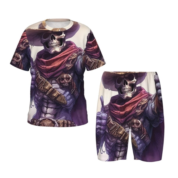 Balery Cool Skull Cowboy Conjunto de Pijama Infantil de Manga Corta con Estampado – Ropa de Dormir de Algodón Suave-X-Large