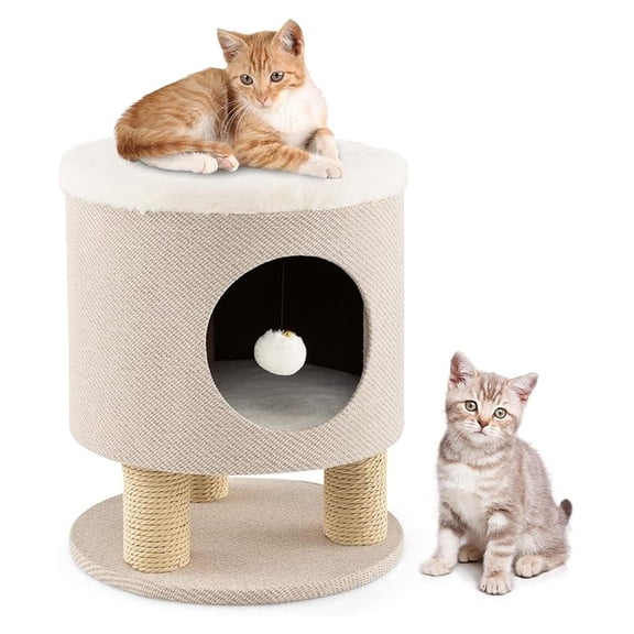Cat Condo Stool, 3-in-1 Pet House Ottoman for Indoor Cats, Scratching Posts & Plush Ball, Beige, Modern Cat Furniture for Small Medium Cats